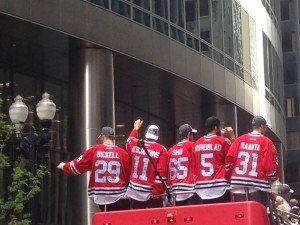 Bryan Bickell, Andrew Desjardins, Andrew Shaw, David Rundblad, and Antti Raanta