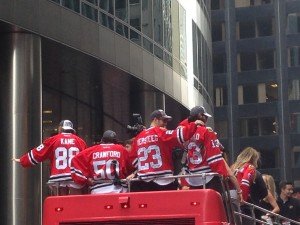 Patrick Kane, Corey Crawford, Kris Versteeg, and Daniel Carcillo.